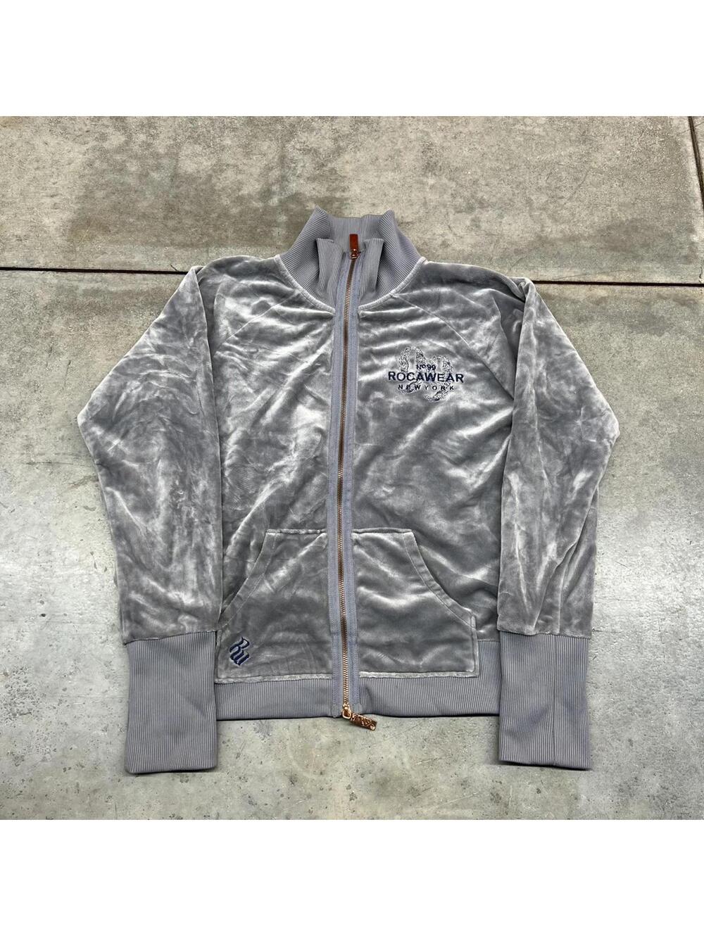 vintage rocawear velour grey zip up satin track jacket size large WOMENS